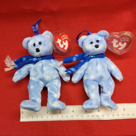 1999 Holiday Teddy The Blue Bear Ty Jingle Beanies Plush Ornament Set of 2 - Picture 7 of 13